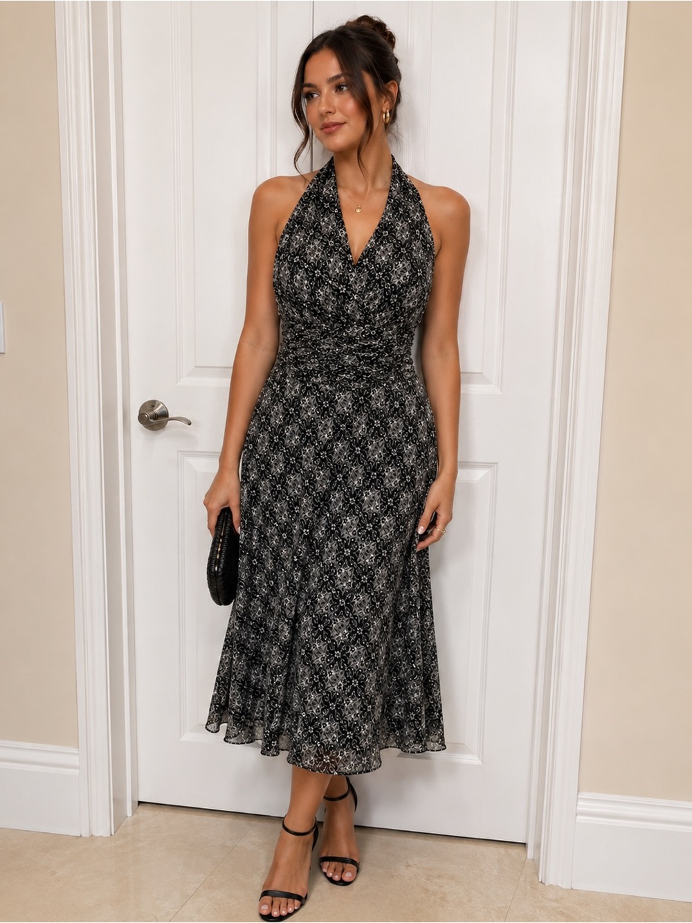 Evan Picone Romantic Floral Halter Midi Dress Fit & Flare Wedding Guest Dress 4